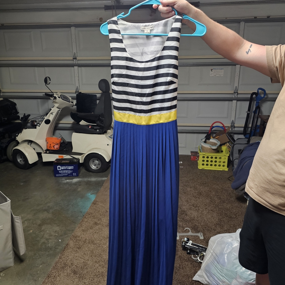 Striped Black & White Top with Yellow Waistband and Royal Blue Maxi Skirt